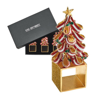 Kim Seybert Napkin Rings: Holiday Tree in Red, Green & Gold, Set of 4
